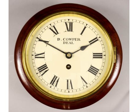A Small Mahogany Cased Dial Wall Clock, the 8ins diameter painted metal dial named D. Cowper of Deal and with Roman numerals,