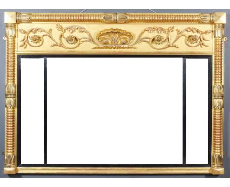 An Overmantel Mirror, William IV, with bold bobbin turned and acanthus leaf capped split turned ornament, the frieze moulded 