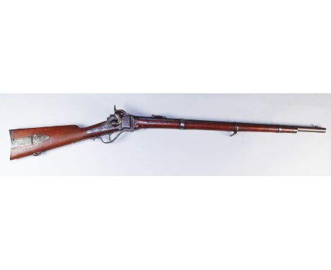 A Good 19th Century .52 Calibre Military Model Three Band Percussion Carbine, by Sharps, the 30ins plain steel barrel with el