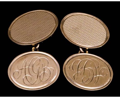 A Pair of Gentleman's 9ct Gold Oval Cufflinks, by Asprey of London, with engine turned and plain faces engraved with initials