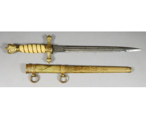 A German World War II Naval Dagger, by F.W. Holler Solingen, 10ins bright steel blade etched with Naval scene and rope entwin