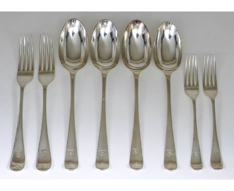 Four Edward VII Silver Tablespoons and Five Table Forks, the tablespoons by James Dixon &amp; Sons, Sheffield 1904, crested, 