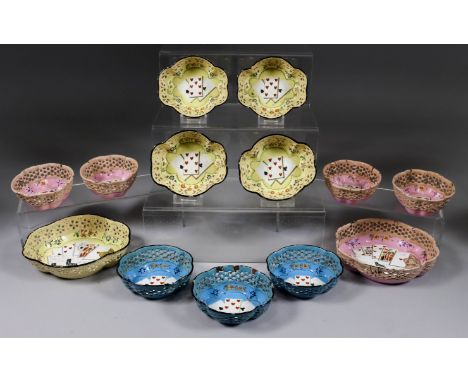 A Pair of George III Enamel Counter Trays, Late 18th Century, both enamelled with playing cards, coins and promissory note, w