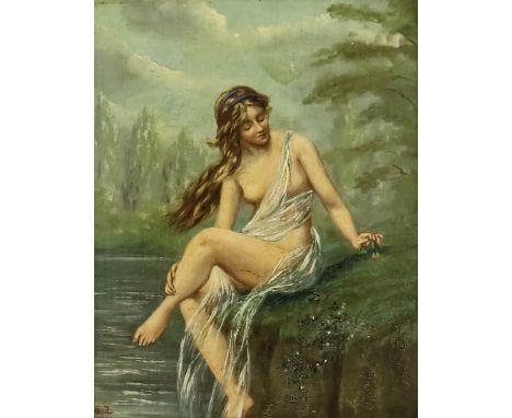 After Henrietta Ward (1832-1924) - Oil painting - Full length portrait of a female nymph with diaphanous shawl seated on a ba