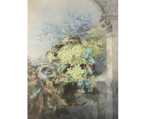 Frances Margaret Benson (1849-1887) - Watercolour - Study of a nest and spring flowers on a stone ledge within an architectur