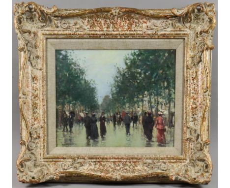 ***Ken Moroney (born 1949) - Oil painting - Parisian street scene with numerous figures in early 20th Century dress, signed i
