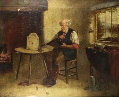 G. J. Barres (?) - Oil painting - "The Clock Repairer" - Interior of cottage with elderly gentleman cleaning wall clock, indi