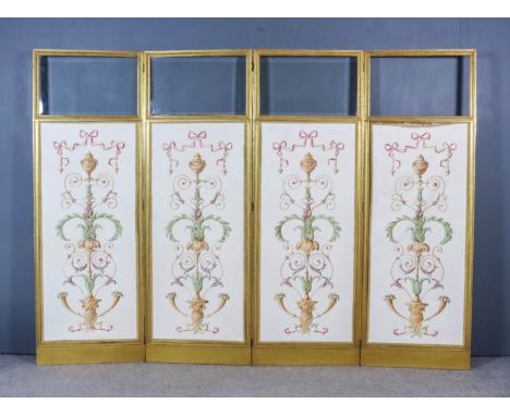 A Gilt Framed Four Fold Draught Screen, each fold with scroll and bead moulding, inset with bevelled glass upper panels and c