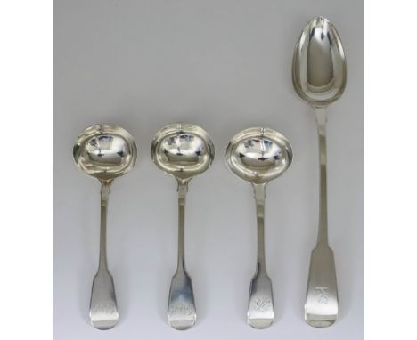 An Early Victorian Silver Fiddle Pattern Gravy Spoon, a Pair of George IV Silver Fiddle Pattern Sauce Ladles, and One Other, 