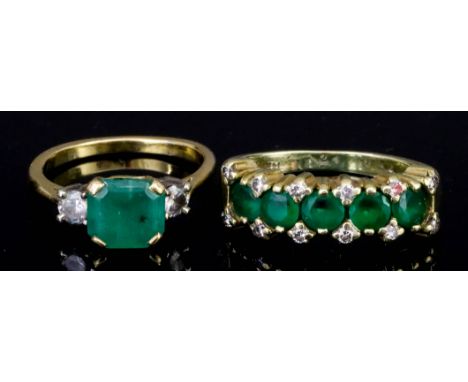 A Five Stone Emerald and Diamond Ring and a Three Stone Emerald and Diamond Ring, the five stone ring in 14ct gold mount, set