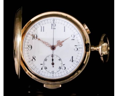 A Late 19th/Early 20th Century Continental 18k Gold Full Hunting Cased Keyless Quarter Repeating Pocket Watch, the white enam