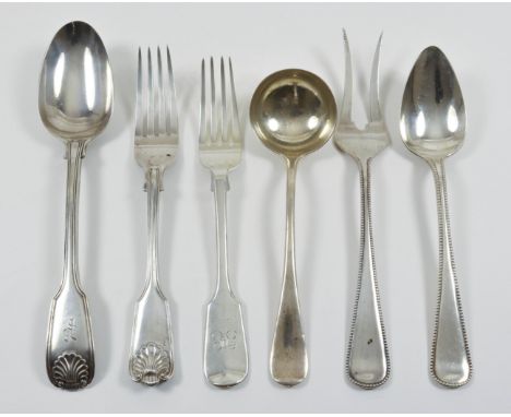 A Victorian Silver Fiddle Thread and Shell Pattern Table Spoon, and mixed flatware, the table spoon maker's mark indistinct, 