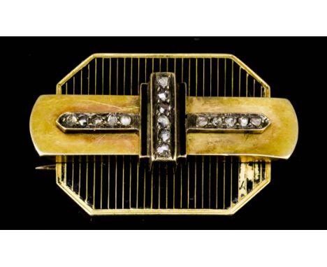 A French 18ct Gold, Black Enamel and Diamond Brooch, Early 20th Century, the face set with sixteen small old cut diamonds on 