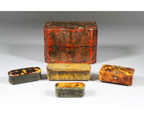 A Red Tortoise Shell Boulle Serpentine Fronted Scent Casket, 19th Century, complete with three gilt decorated scent bottles, 