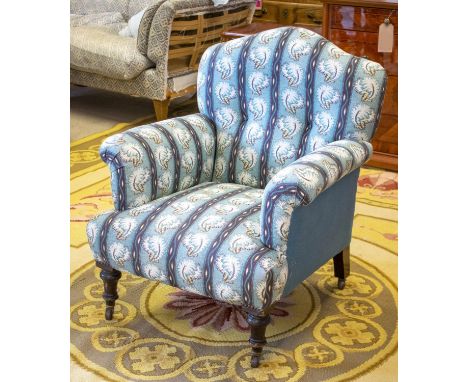 ARMCHAIR, 88cm H x 78cm W, Victorian blue and feather striped upholstery on ceramic castors, stamped back leg. 