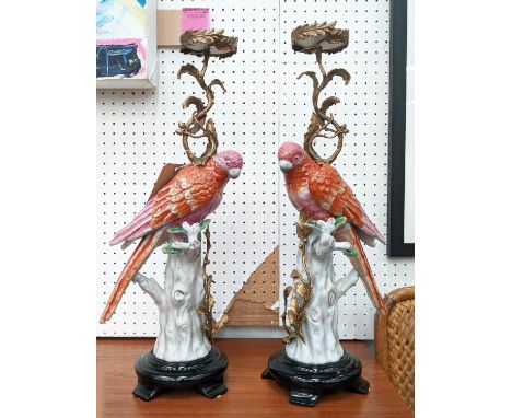 PARROT FIGURAL CANDLESTICKS, pair, hand painted ceramic bodies, gilt metal stems and branch decoration, 52cm H. (2) 