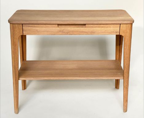 HALL/SIDE TABLE/CONSOLE TABLE, 1970s style oak rounded rectangular with frieze drawer and splay supports, 90cm W x 37cm D x 7