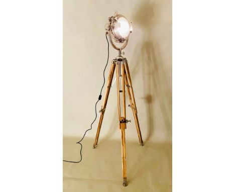 STUDIO FLOOR LAMP, vintage design, chrome finish, raised on an ash tripod base, 155cm H. 
