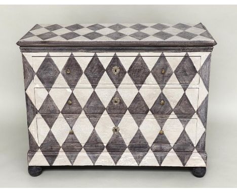 HARLEQUIN COMMODE, 19th century Continental painted with three long drawers and craquelure harlequin pattern decoration and b