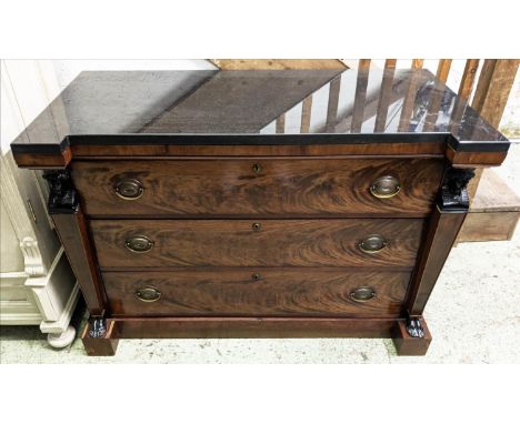 19TH CENTURY EMPIRE STYLE MAHOGANY AND EBONISED COMMODE, later black marble top, three drawers, side columns with ebonised bu