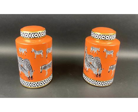 GINGER JARS, a pair, glazed ceramic, zebra print design, 30cm H x 17cm diam. (2) 