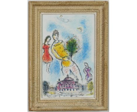 MARC CHAGALL, Couple in Paris, offset lithograph, vintage French frame, 33cm x 21.5cm. 