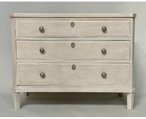 COMMODE, 19th century Gustavian style grey painted with three long drawers, canted corners and tapering supports, 75cm W x 75