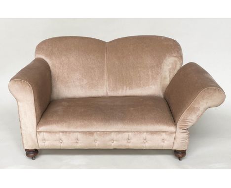 SOFA/DAYBED, Edwardian taupe plush velvet upholstered with rounded arms (one drop arm). 