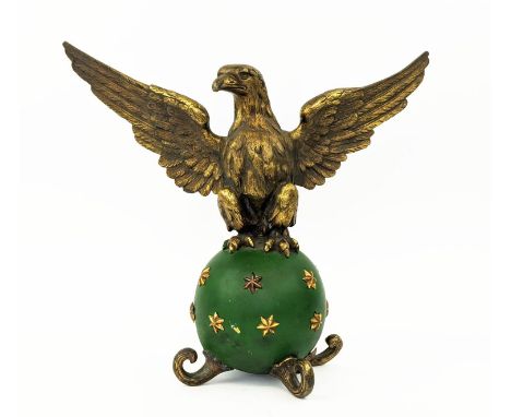 EAGLE FINIAL STATUE, gilt metal and green painted, 35cm H. 