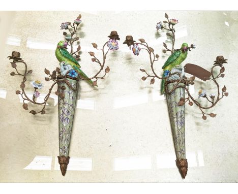 FIGURAL CERAMIC WALL SCONCES, pair, parrot surmounts, hand painted, bronzed finished branches and ceramic flower heads, 82cm 