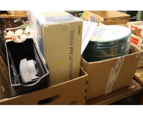 Two boxes including hose reel, bar stool etc.