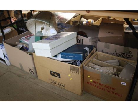 Five boxes of assorted and a garden stool