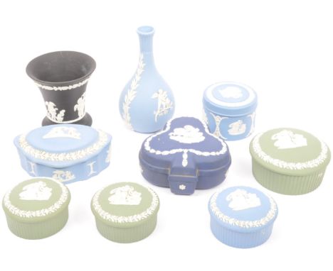 An assortment of vintage 20th century Wedgwood Jasperware ceramic items. The lot to include trinket boxes, vases in light blu