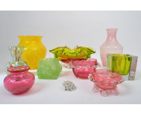 Collection of vintage retro studio art glass comprising of Czechoslovakian Chribksa Borske Sklo bowl, Caithness vase in pink 