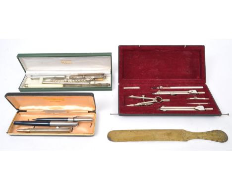 A collection of vintage 20th Century mechanical pens. Comprising of; Platinum ball point pens a case thermometer temperature 