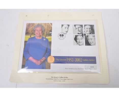 A limited edition The Queens 1925-2002 Golden Jubilee proof 22ct gold sovereign first day cover coin set. No. 0245/1000.&nbsp