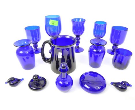 Bristol Blue glass - Contemporary collection of Bristol Blue cut glass including; cups, stemmed drinking glass receptacles, p