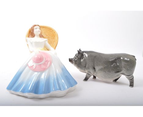 Royal Doulton - British modern design - Handmade ceramic sculpture of a Gascon / pot bellied pig. Together with a Pretty ladi