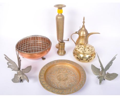 A collection of vintage 20th Century brass items. Including; a pair of fighting cocks, tea pot kettle, decorated stem vase, s