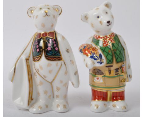 Royal Crown Derby -&nbsp; Mini Teddy Bear 'Shopping' &amp; Minigw Teddy Bear 'Gardener' - Two vintage 20th century Royal Crow