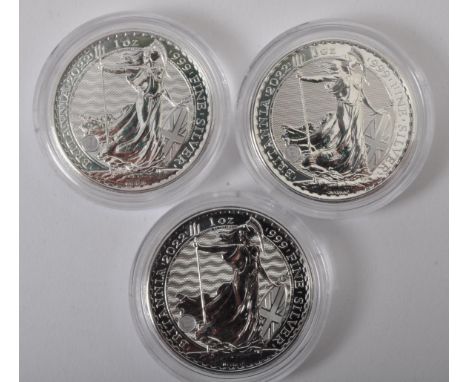 Three UNITED KINGDOM Queen Elizabeth II (1952-2022) 1Oz 999 fine silver Britannia £2 two pound coins. Each coin having a stan