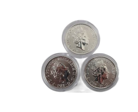 Three UNITED KINGDOM Queen Elizabeth II (1952-2022) 1Oz 999 fine silver Britannia £2 two pound coins. Each coin having a stan