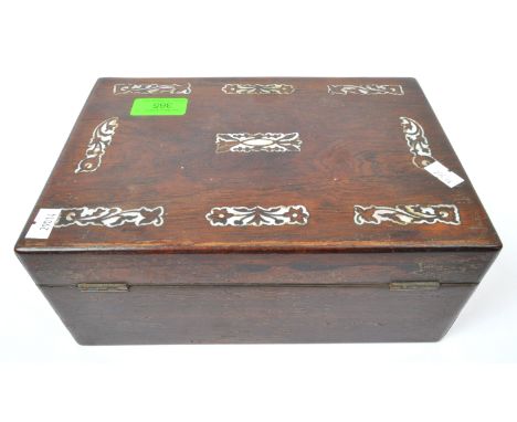 Vintage early 20th Century mahogany jewellery box case. With mother of pearl inlaid marquetry decoration with hinged lid open