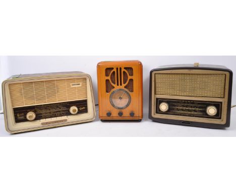 Three retro vintage mid 20th century &amp; later valve radios. The lot to include a Steepletone NR 880 teak veneered case rad