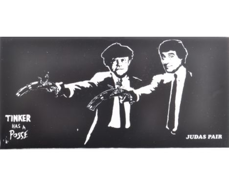 After Banksy - Two Contemporary ceramic tiles in the manner of Banksy's works. Each produced by Johnsons. Each measures appro