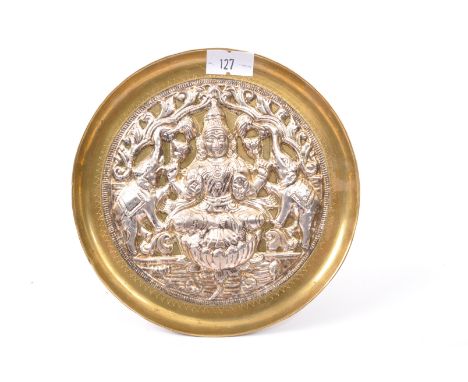 Indian silver &amp; brass picture - 20th Century vintage wall hanging / table picture plate. Featuring an Indian goddess flan