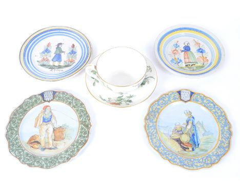 A collection of 19th Century French continental plates. One signed HR Quimper to front, with a yellow &amp; blue painted bord