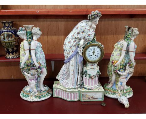 STUNNING 3 PIECE CLOCK SET (EARLY) PORCELAIN WITH FOLIAGE, WOMEN, YOUNG GIRLS AND CHILDREN.  THE CLOCK HAS HAND PAINTED FISHI