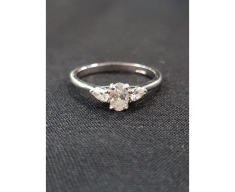 PLATINUM 3 STONE DIAMOND RING - CENTRE OVAL DIAMOND COLOUR D, 0.30 CARAT, CLARITY VS2.  2 SIDE DIAMONDS PEAR SHAPED 0.22 CARA