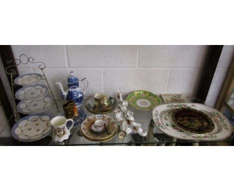 Shelf of china to include Crescent cake stand
